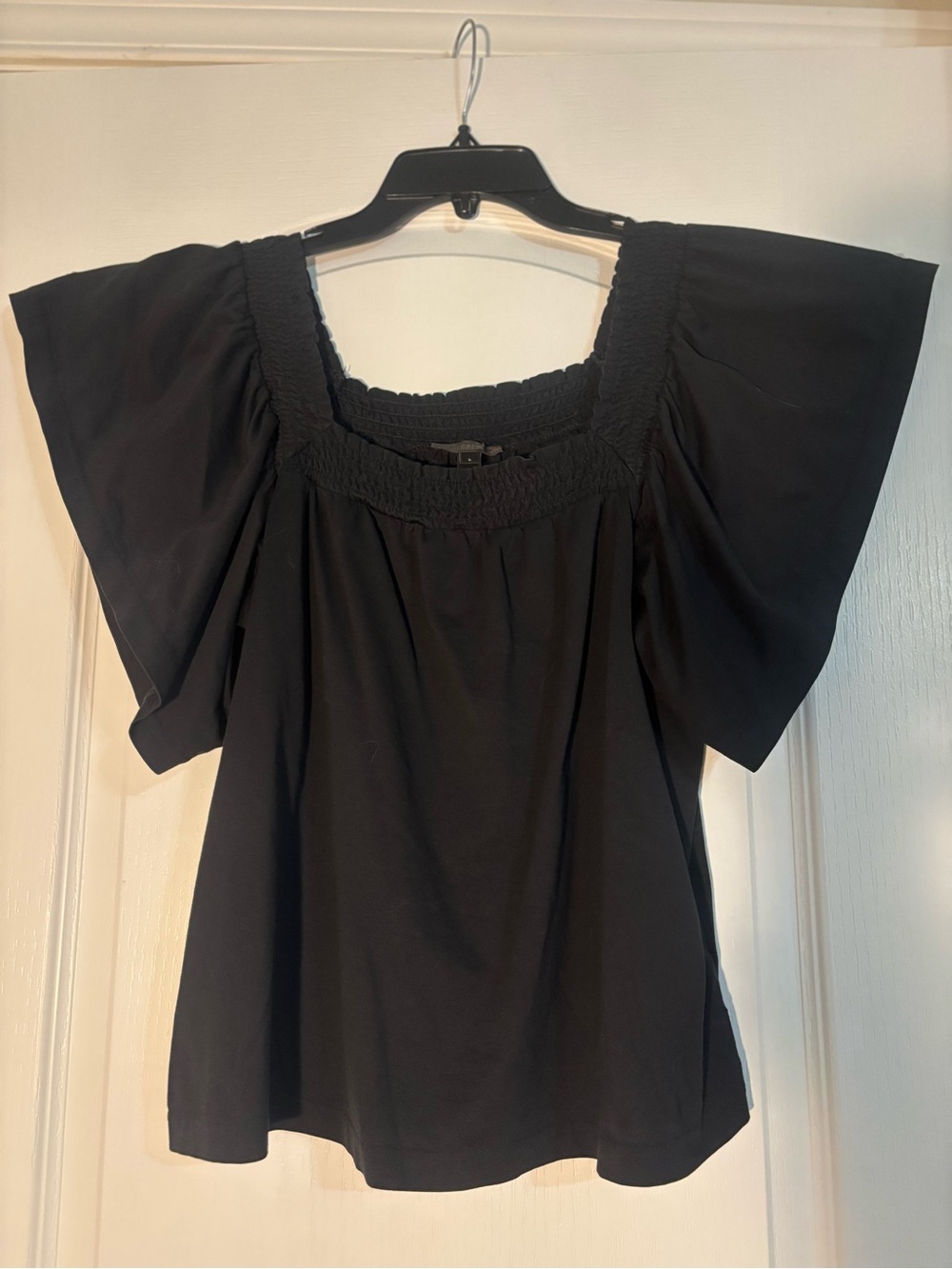 J. Crew Black Smocked Square-Neck Flutter Sleeve Top